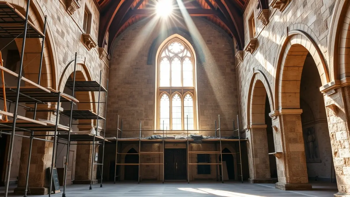 Interior of the Church of Santo Domingo in Jaén during restoration, with scaffolding and historic architectural elements.