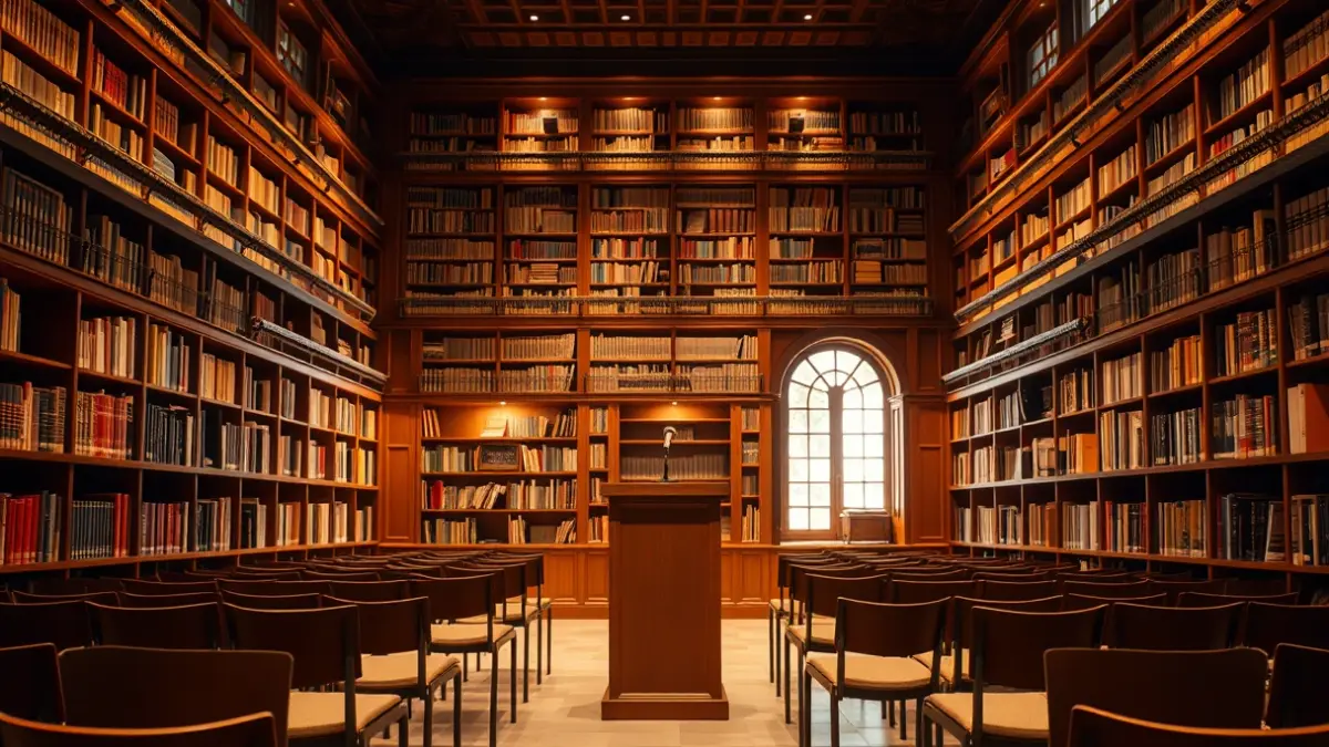 Imagen genérica de un interior de biblioteca con estanterías de madera y un podio con micrófono, evocando un ambiente de lectura y presentación.