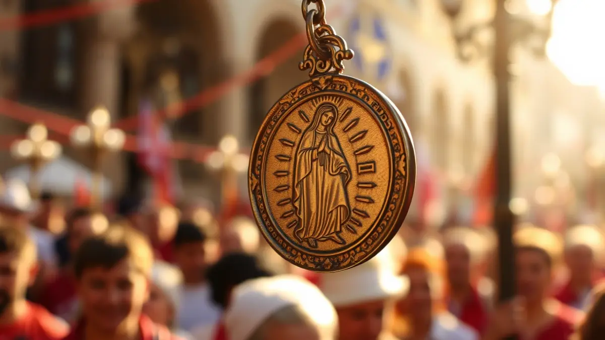 Image of a religious medallion with the Virgin of the Head, in a pilgrimage atmosphere.