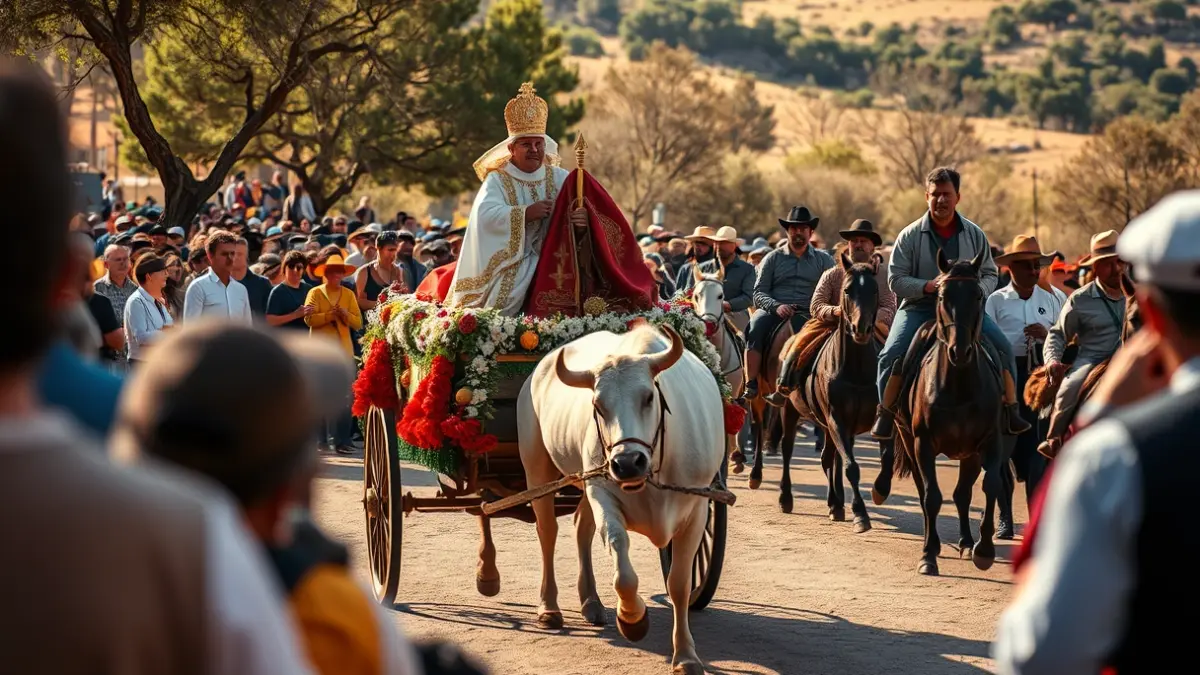 Image of the San Isidro pilgrimage in Los Barrios with the saint's cart and horsemen.