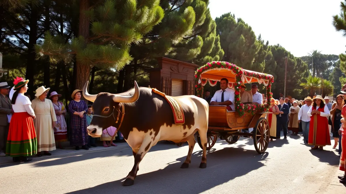 Imagen de una carreta tradicional tirada por bueyes en una romería andaluza.