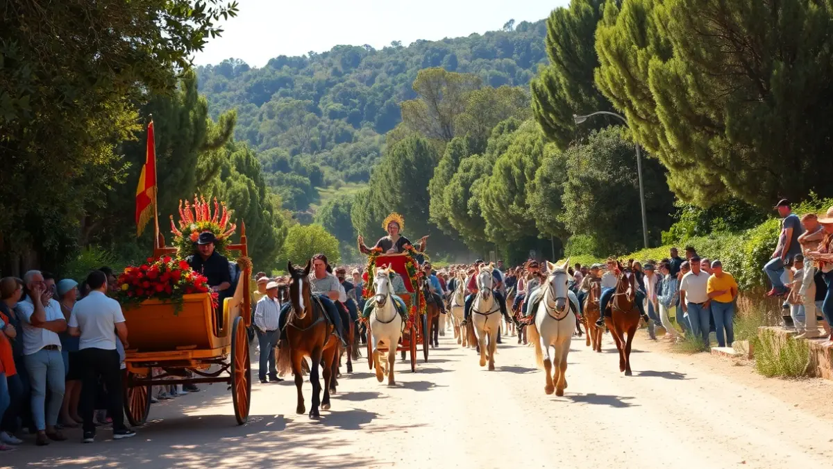Image of a pilgrimage with floats and riders on a rural road.