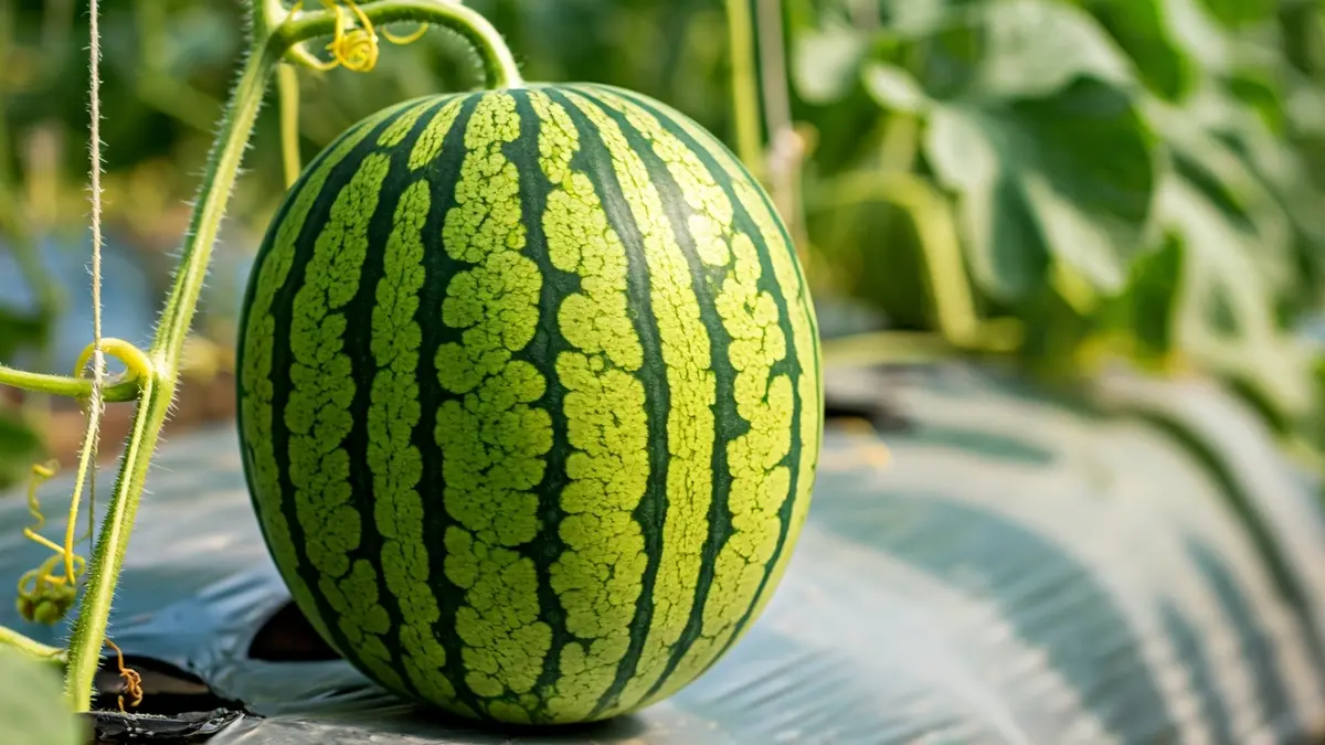 Imagen de una sandía madura en una planta dentro de un invernadero.