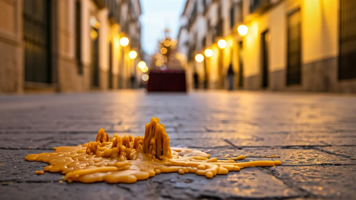 Restos de cera derretida en una calle empedrada de una ciudad andaluza tras una procesión.
