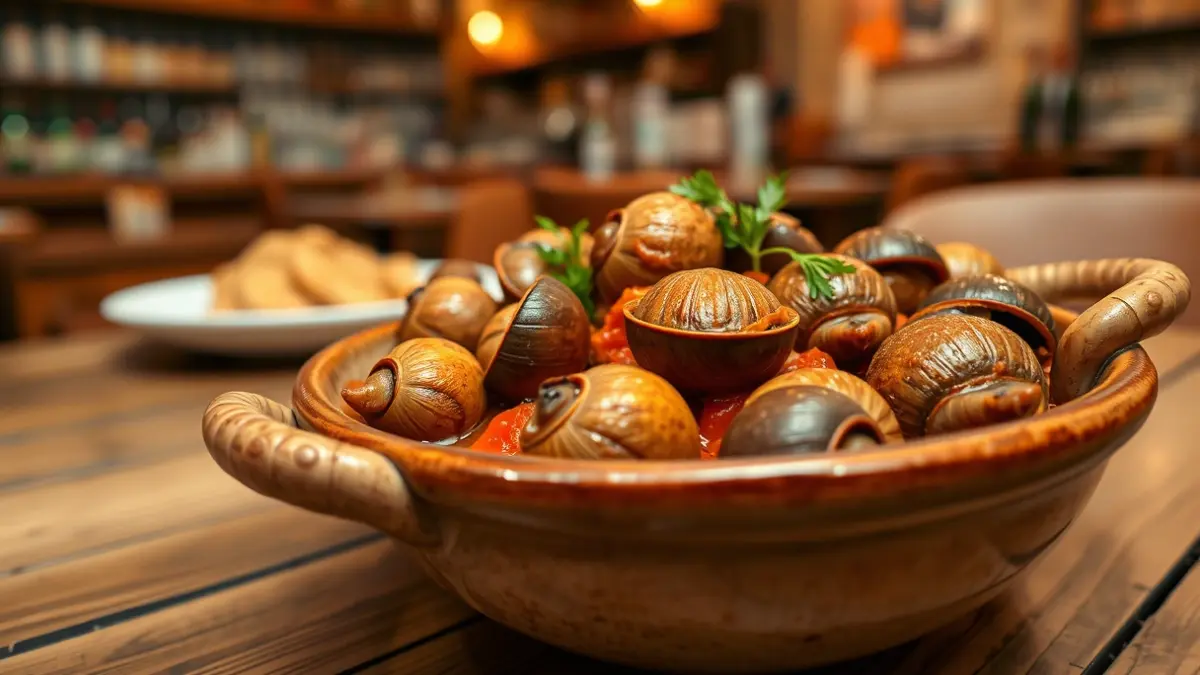 Image of a plate of snails in sauce, a traditional Andalusian delicacy.