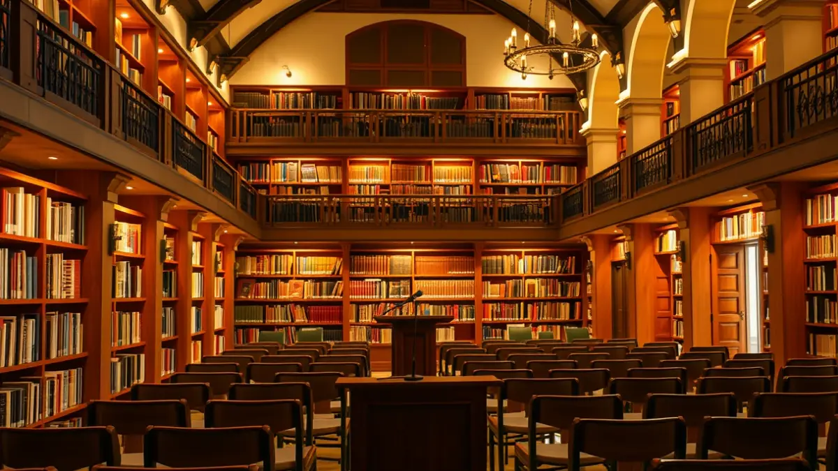 Generic image of a cultural space with a microphone on a podium, evoking an artistic event or presentation.