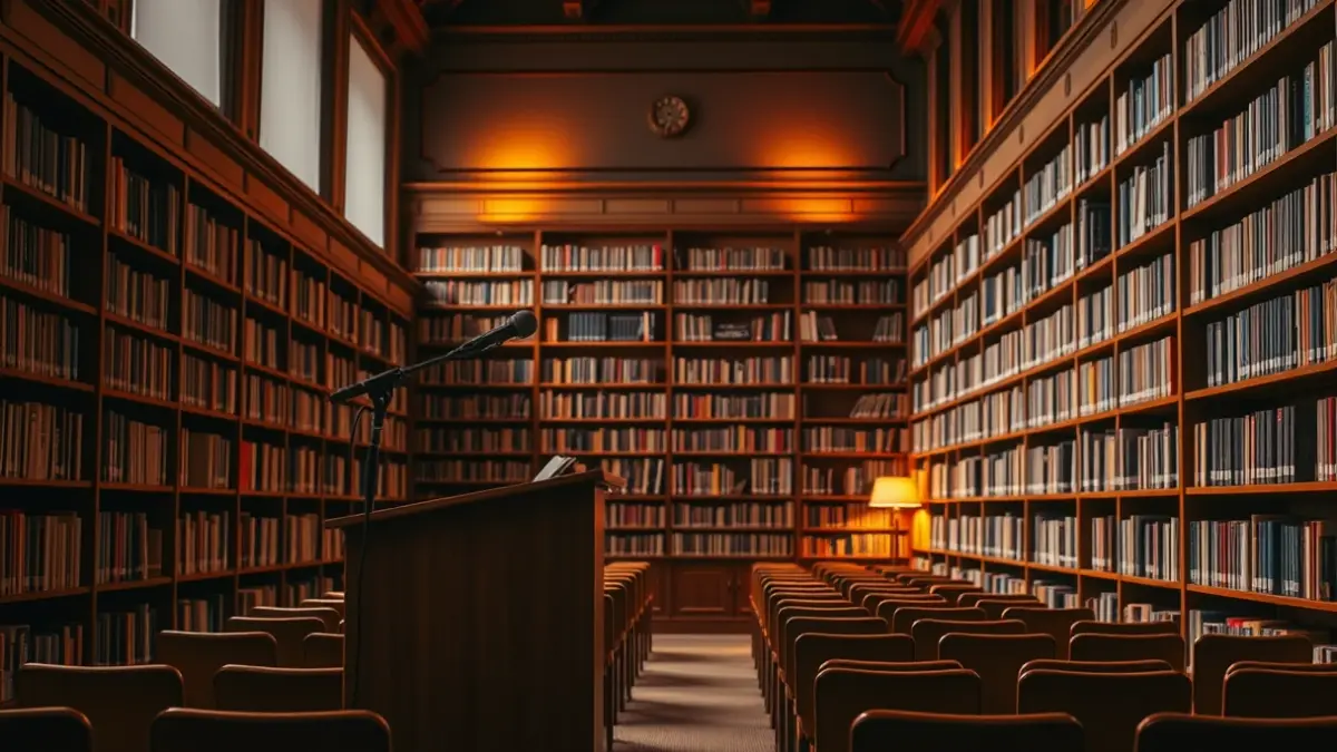 Imagen genérica de un escenario cultural con un micrófono y sillas vacías, en un ambiente cálido de biblioteca.