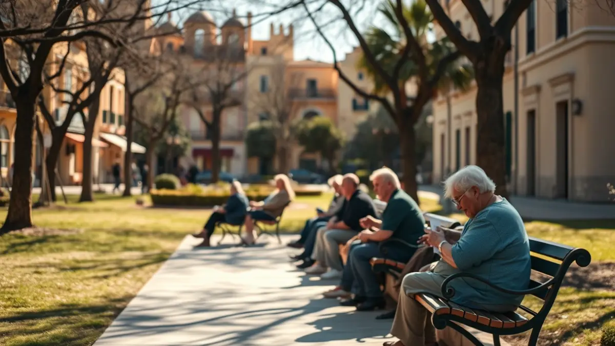 Image of a park in a Malaga neighborhood, with elderly people conversing, reflecting tranquility but also the loss of commercial life.