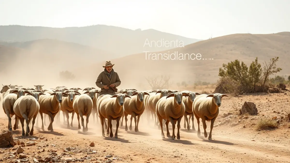 Image of a transhumant shepherd with his flock in an Andalusian landscape.