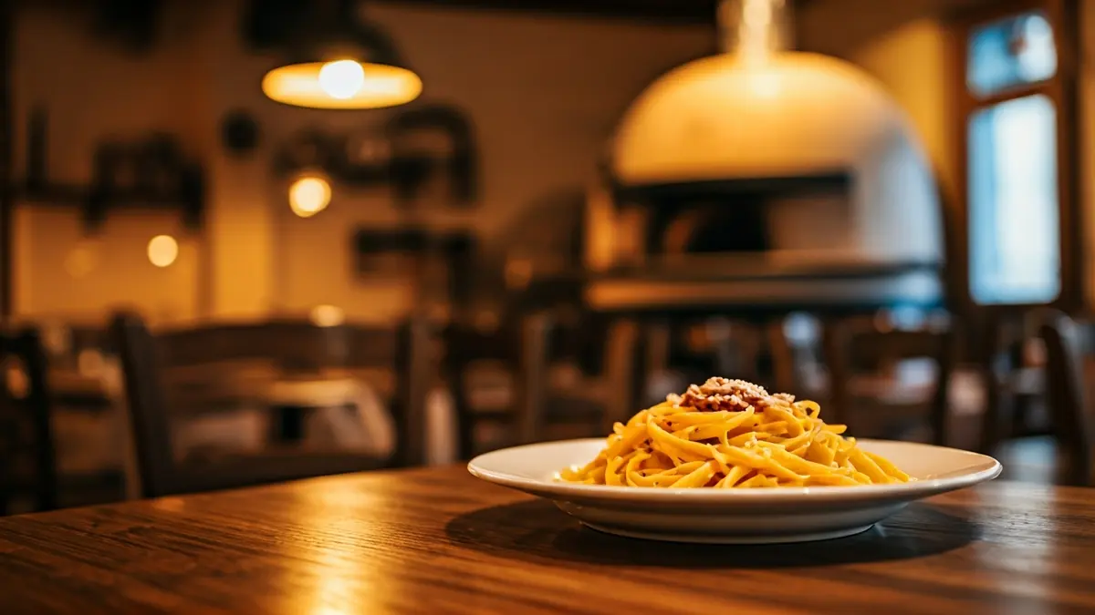 Interior of an Italian restaurant with a wood-fired oven and wooden tables.