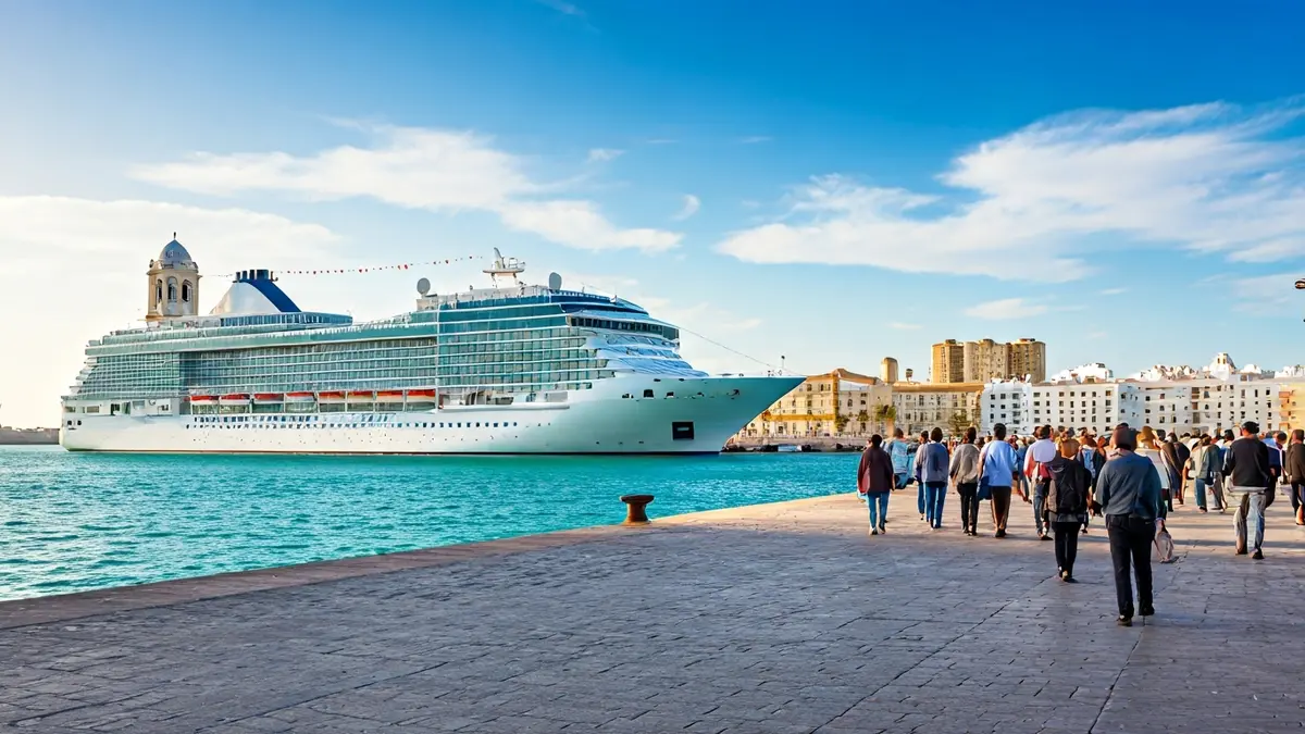 Imagen de un crucero en el puerto de Cádiz, con la ciudad al fondo.