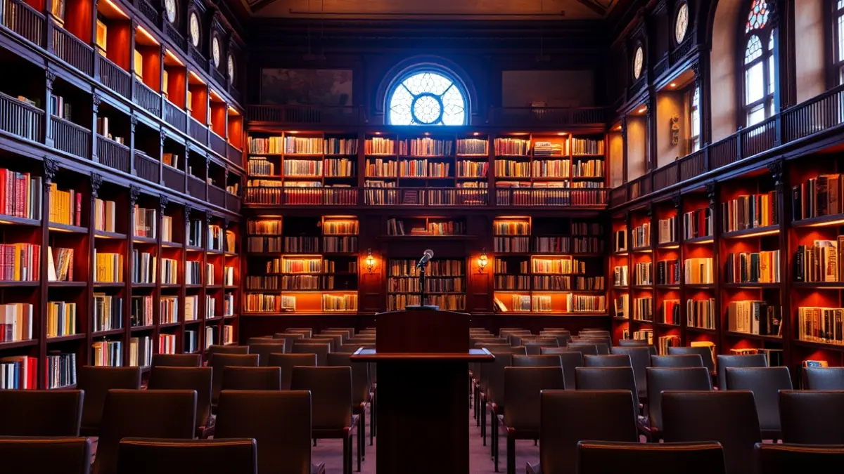 Imagen genérica de una biblioteca con un podio y sillas, evocando un evento literario.