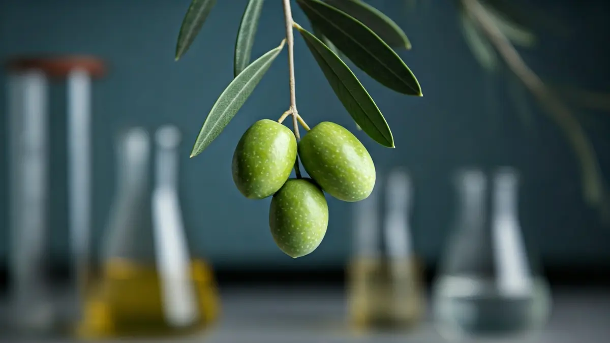 Image of green olives on a branch with a blurred laboratory in the background.