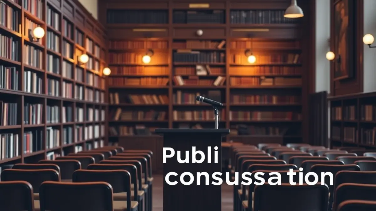 Generic image of a university reading room or auditorium, with a podium and empty chairs, representing a space for debate and consultation.