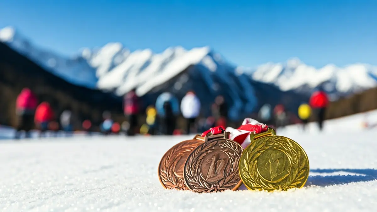 Bronze and gold medals on snow, with blurred mountains in the background.
