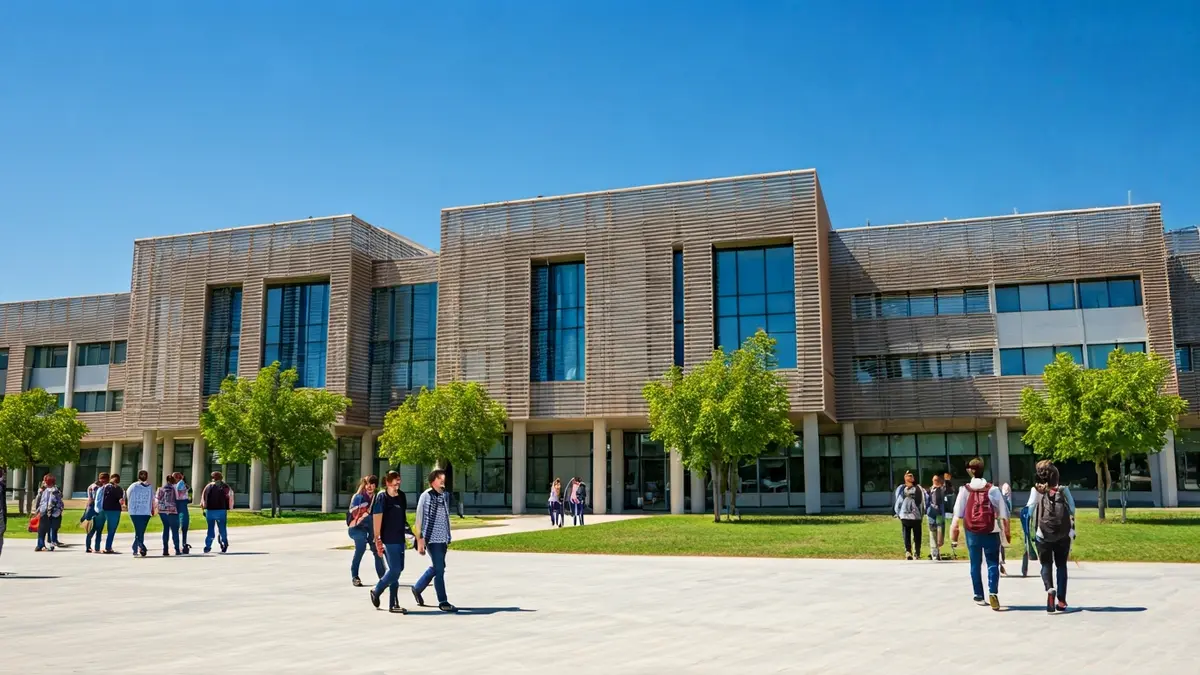 Generic image of a university building facade with students on campus.