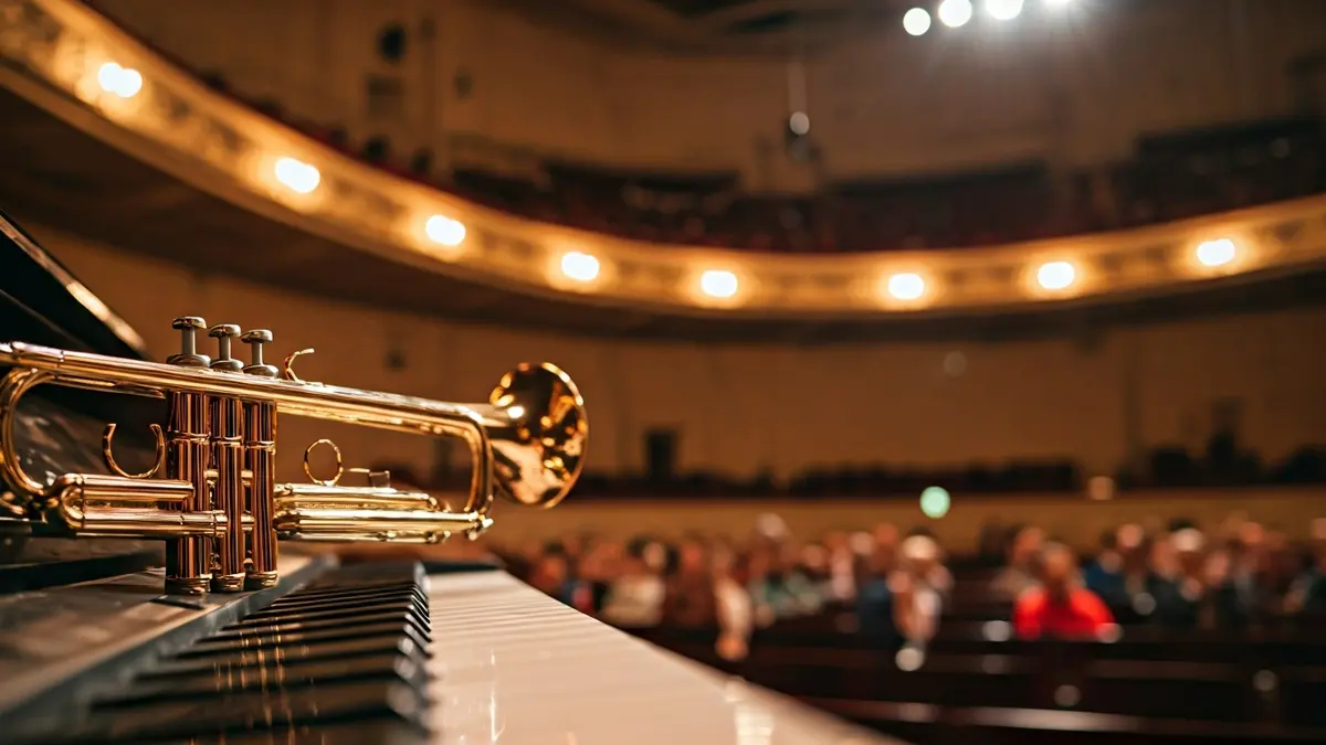 Imagen genérica de una trompeta y un teclado de piano bajo luces de escenario.