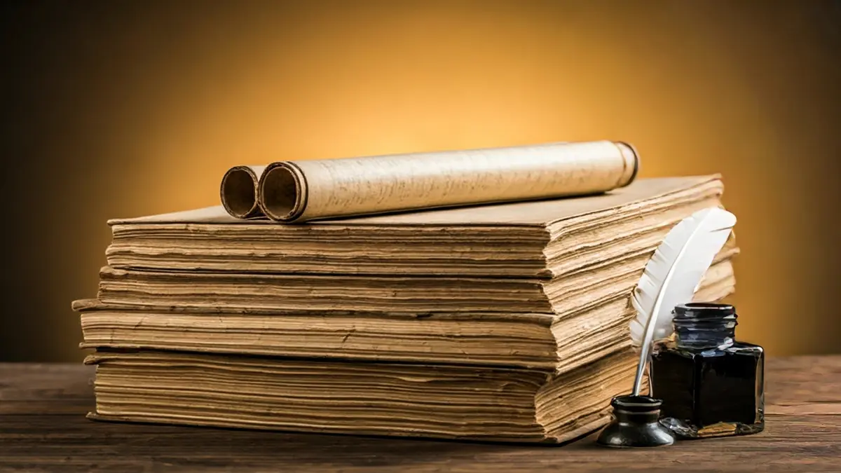 Imagen de libros antiguos y pergaminos sobre un escritorio de madera, con una pluma y tintero, en un ambiente de estudio histórico.