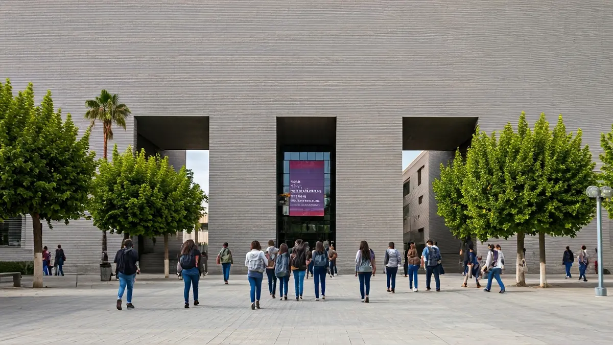 Imagen de la fachada de la Universidad de Almería con estudiantes y un ambiente de feria de empleo.