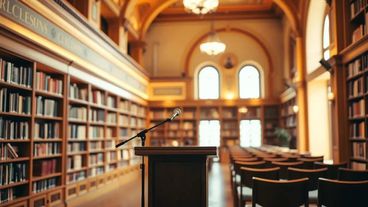 Generic image of a library with a podium and chairs, evoking a literary presentation atmosphere.