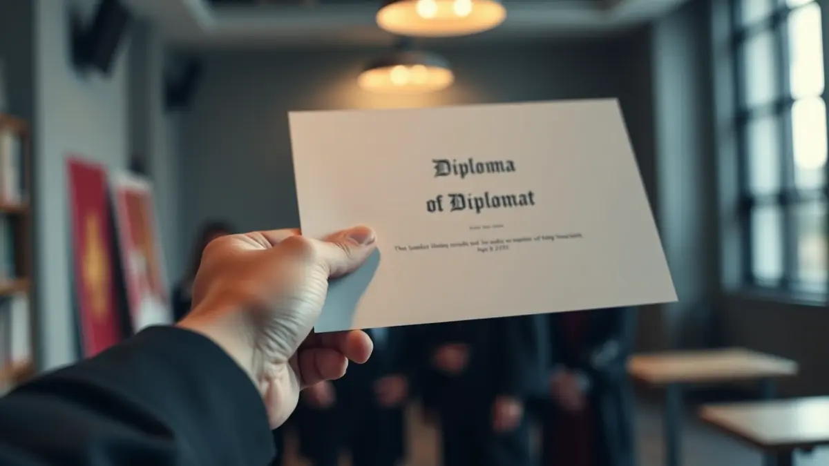 Generic image of a hand holding a diploma in an academic setting.