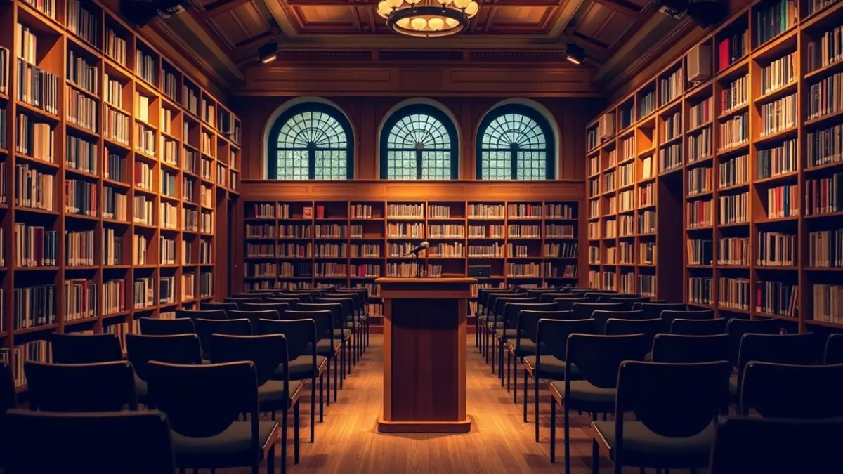 Generic image of a library with bookshelves and a podium, evoking a reading atmosphere.
