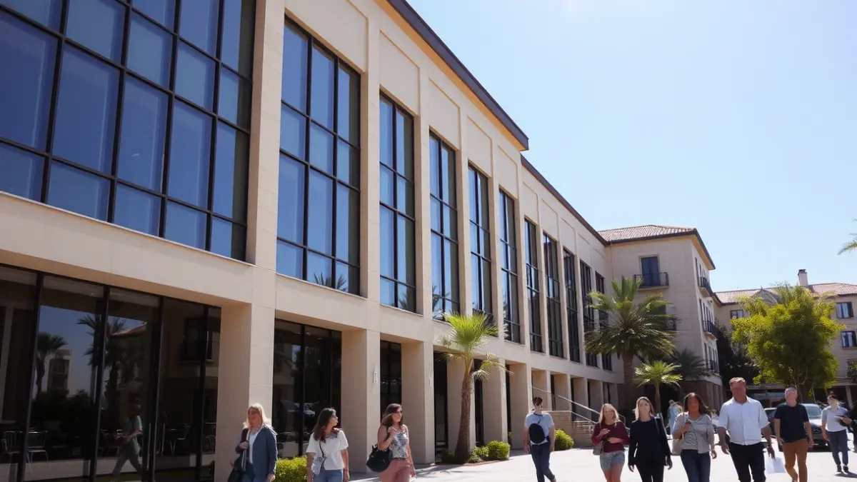Fachada de un edificio universitario moderno con estudiantes en el campus.