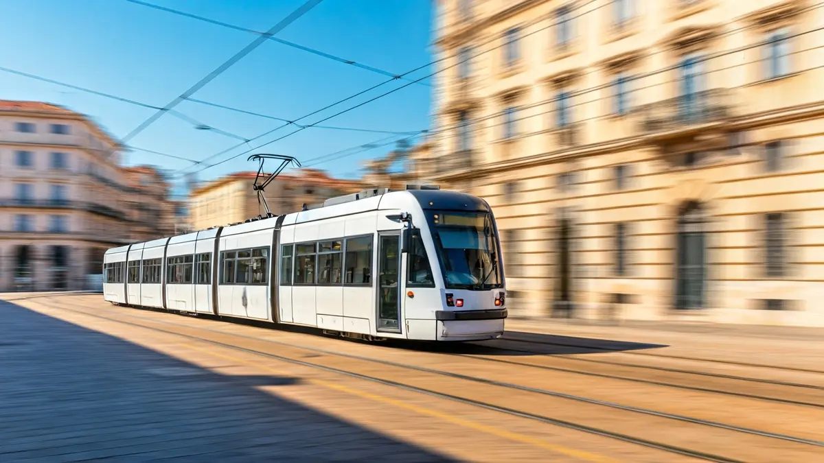 Imagen de un tranvía moderno en movimiento en una ciudad andaluza.