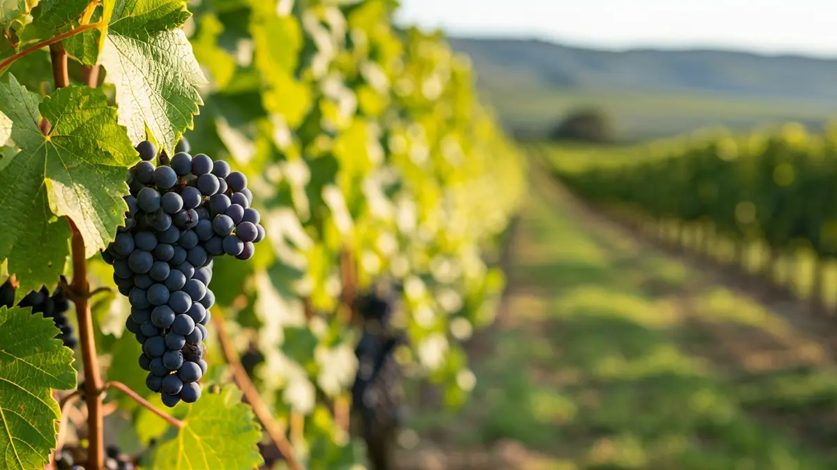 Imagen de uvas tintilla en una vid, con hojas verdes y viñedos borrosos al fondo bajo el sol andaluz.