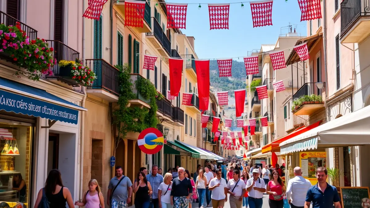 Image of a festive street with people and stalls, celebrating a commercial event.