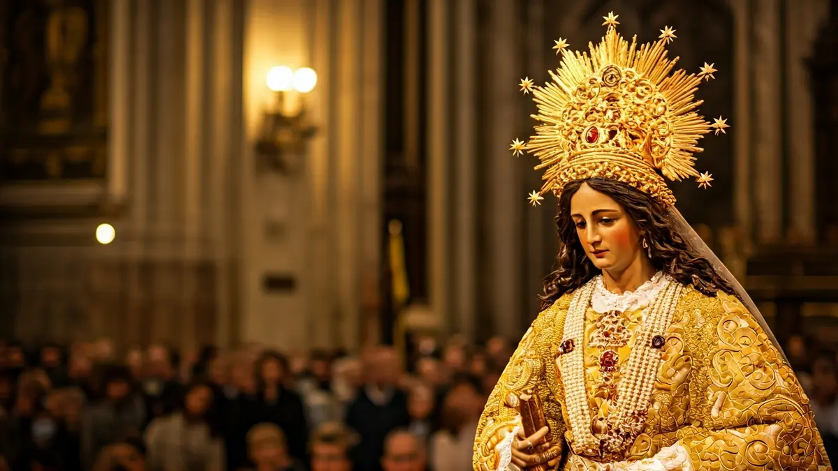 Imagen de la Virgen del Mar de Almería, vestida con manto y saya.