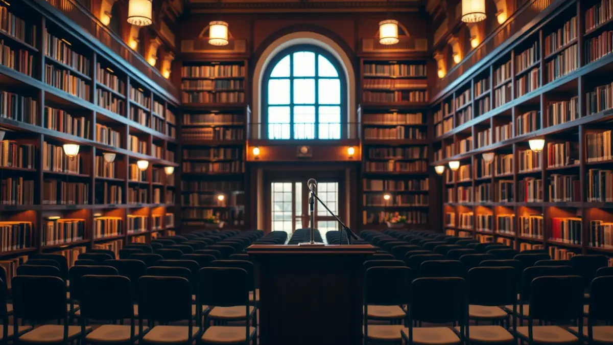 Generic image of a library interior with wooden bookshelves and a podium with a microphone, evoking an atmosphere of study and reflection.