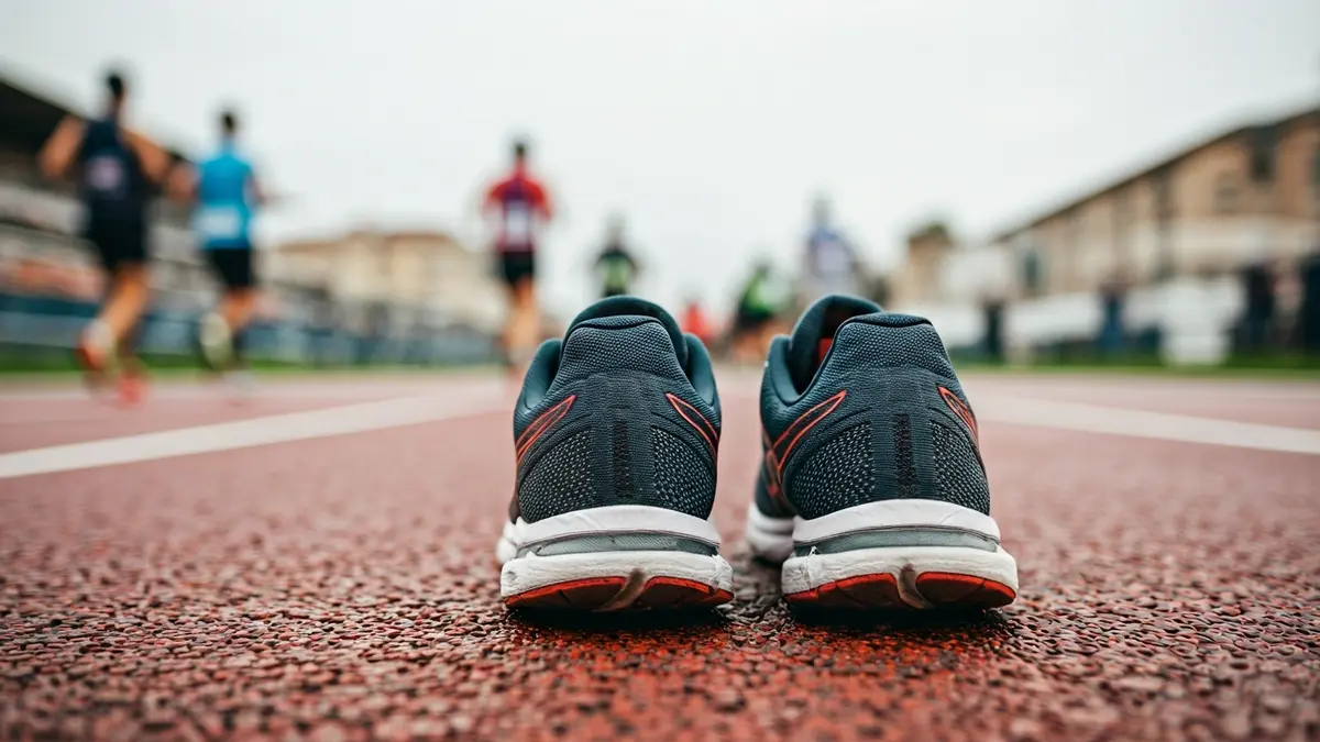 Generic image of running shoes on a wet track during a race.