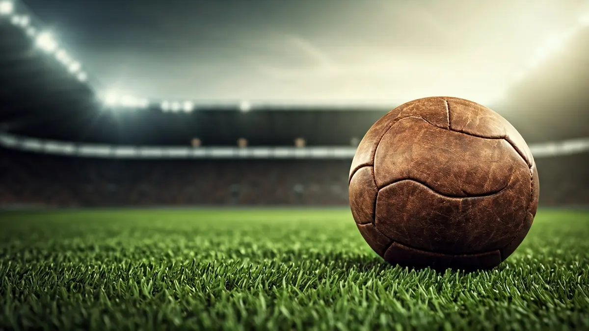 Imagen genérica de un balón de fútbol antiguo sobre césped, con luces de estadio borrosas al fondo.