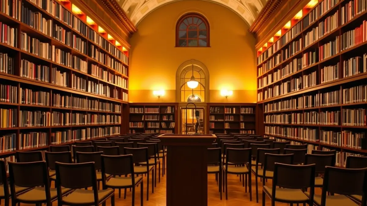 Imagen genérica de un espacio de presentación cultural o una biblioteca, con un micrófono y sillas vacías.