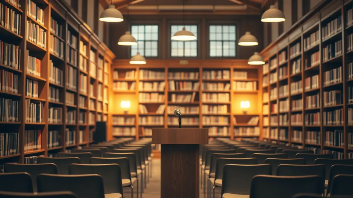 Generic image of a library with wooden bookshelves and a podium with a microphone.