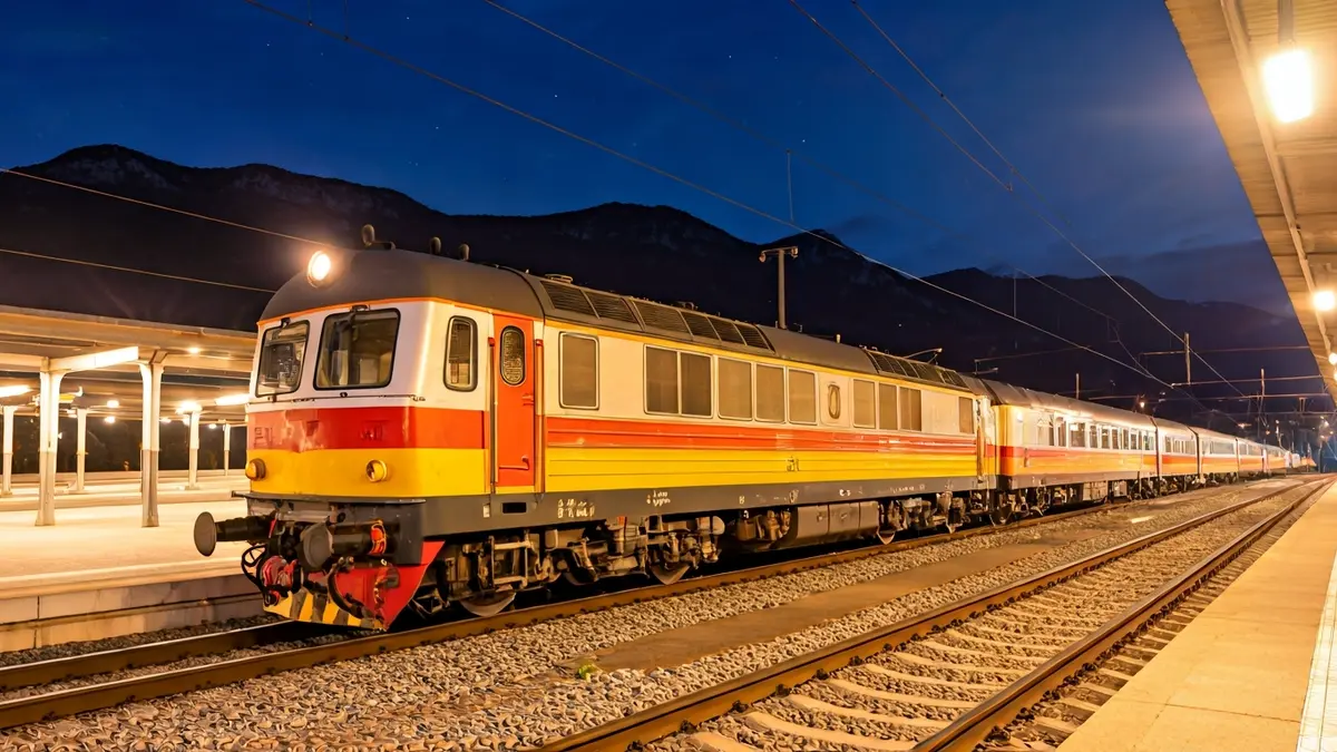 Image of a diesel train model 599 at a rural Almería station at night.