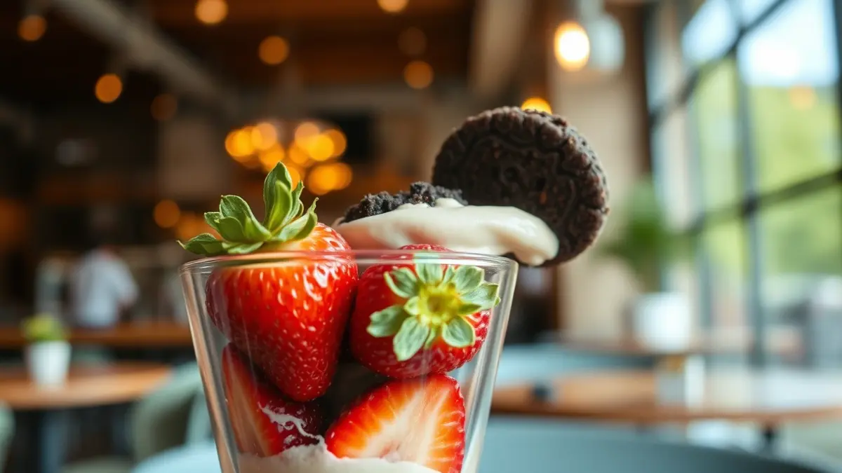 Huelva strawberries with cookie cream in a cup, a popular dessert in Madrid.