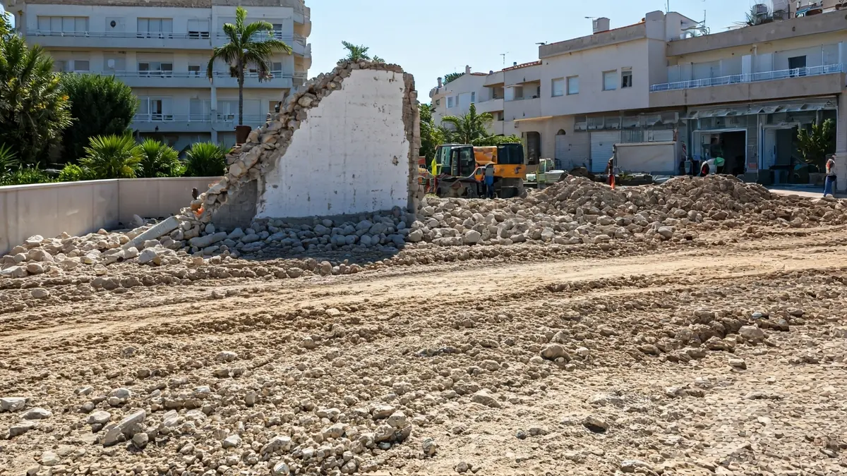 Obras de urbanización en la calle Alhelí de Las Gabias, con un muro siendo demolido.