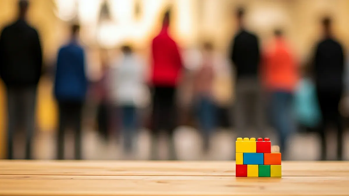 Generic image of toy blocks on a table, with blurred figures of children and adults in the background, representing a nursery.