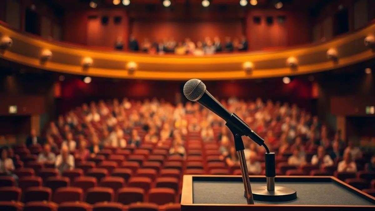 Imagen genérica de un micrófono en un atril en un teatro vacío.