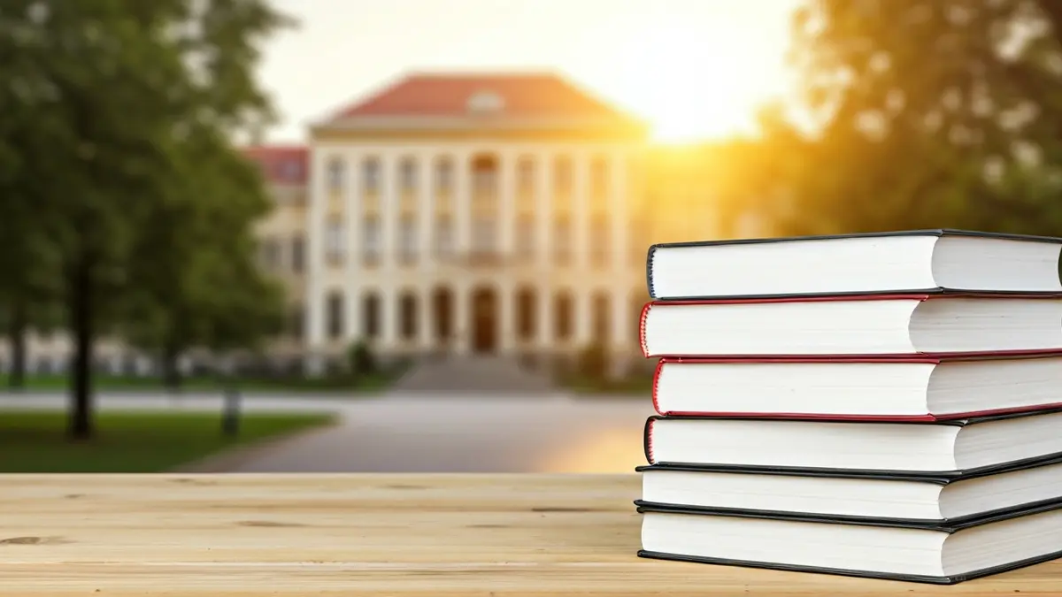 Generic image of university textbooks on a desk, with a campus in the background.