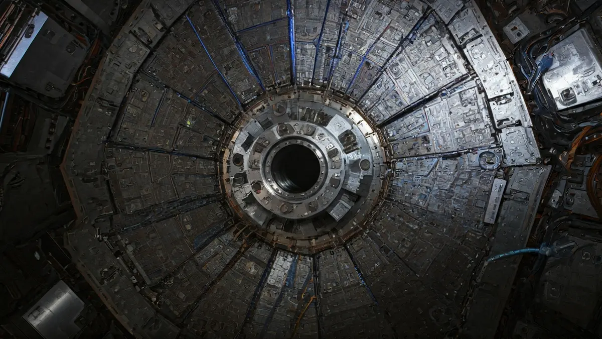 Componente de un acelerador de partículas con líneas de energía azules.