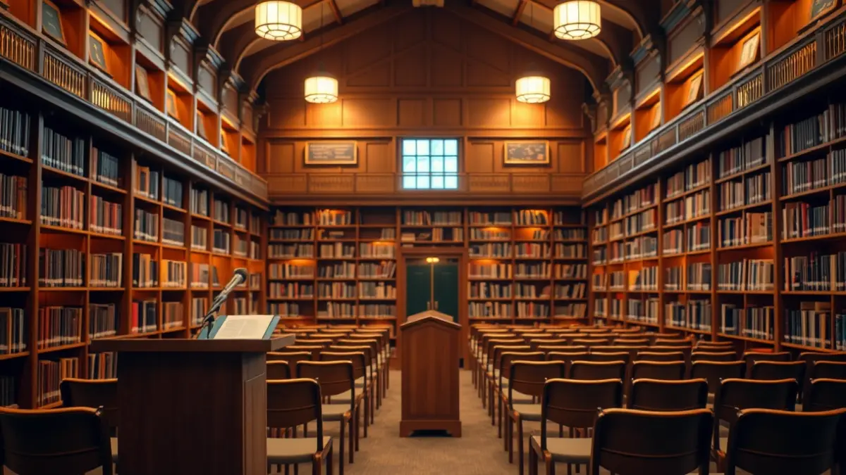 Imagen genérica de un auditorio o sala de conferencias, con un podio y sillas vacías, que representa un evento académico.