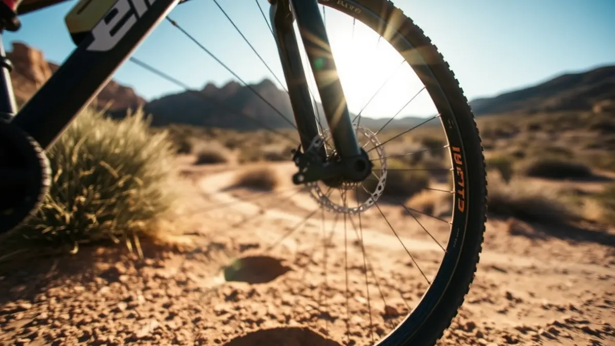 Imagen genérica de una rueda de bicicleta de montaña en un sendero polvoriento.