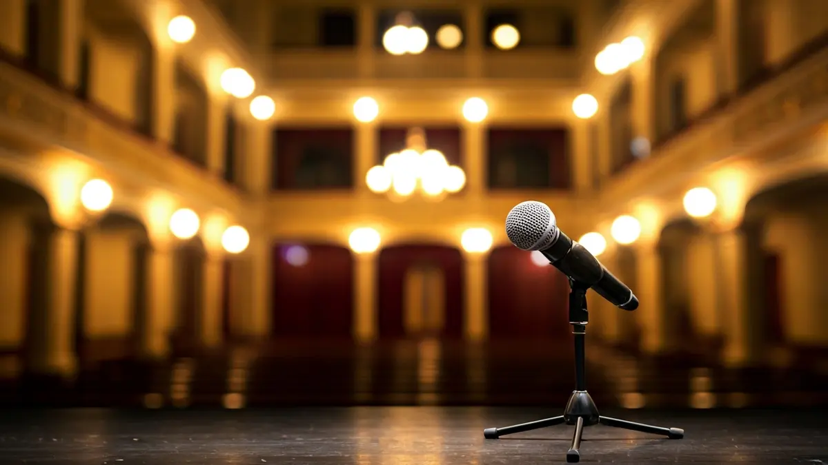 Imagen genérica de un escenario de teatro con un micrófono y cortinas de terciopelo.