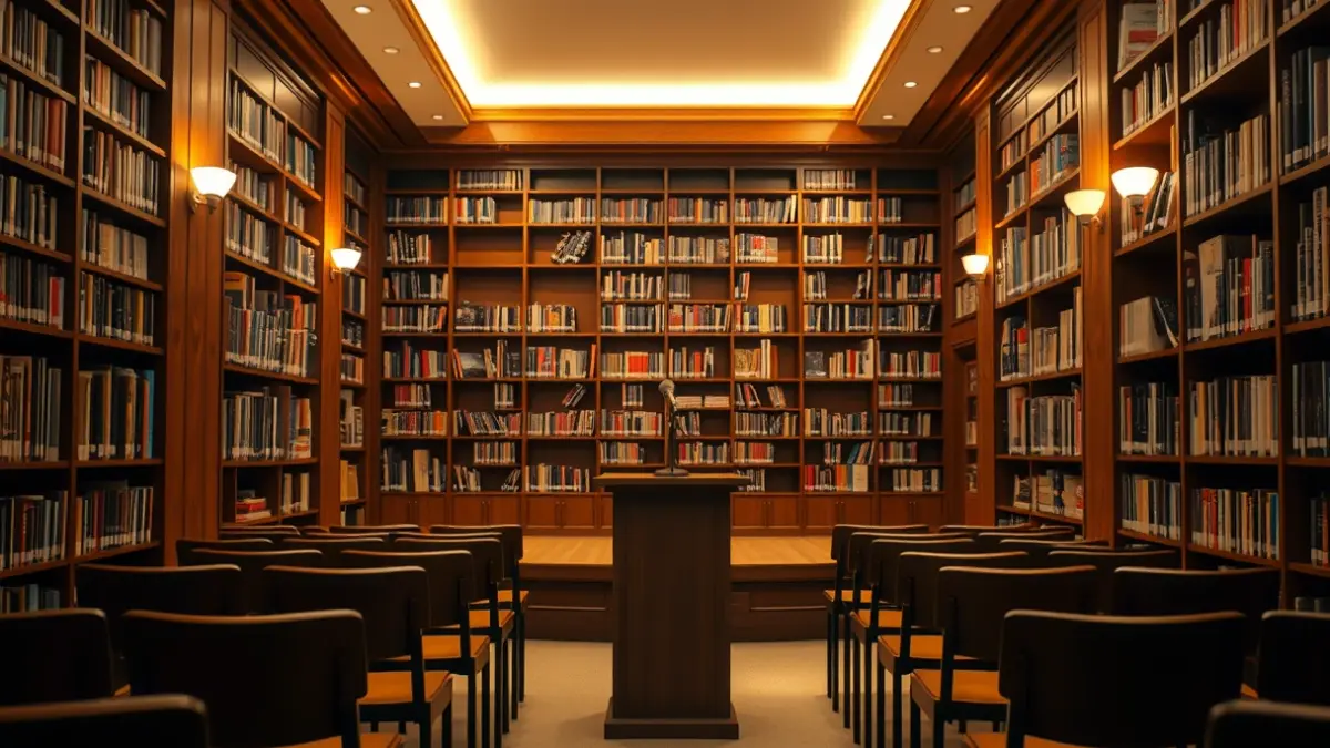 Generic image of an auditorium or concert hall with a microphone on stage and empty seats, with warm lighting.