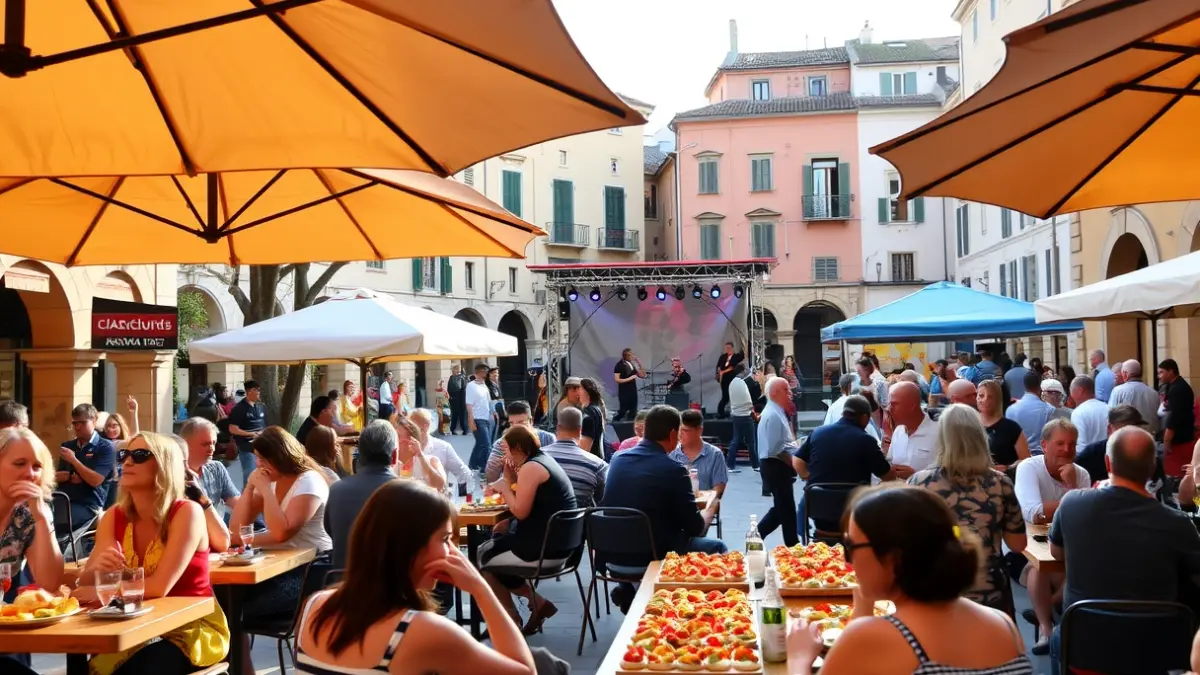 Imagen de la Feria de la Tapa de Lepe con gente disfrutando de la gastronomía y música.