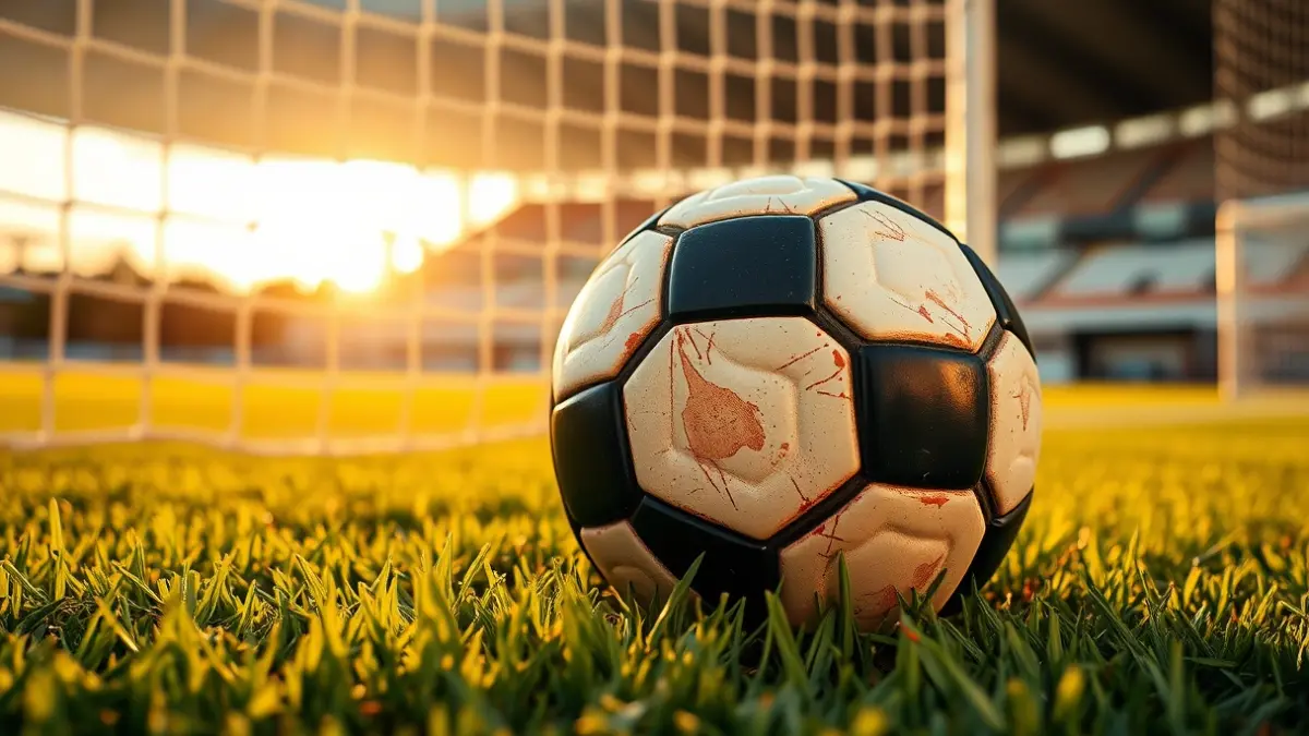 Generic image of a soccer ball on a field at sunset.