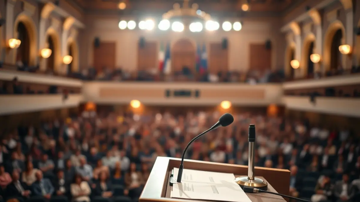 Imagen genérica de un atril con micrófono en un evento político.